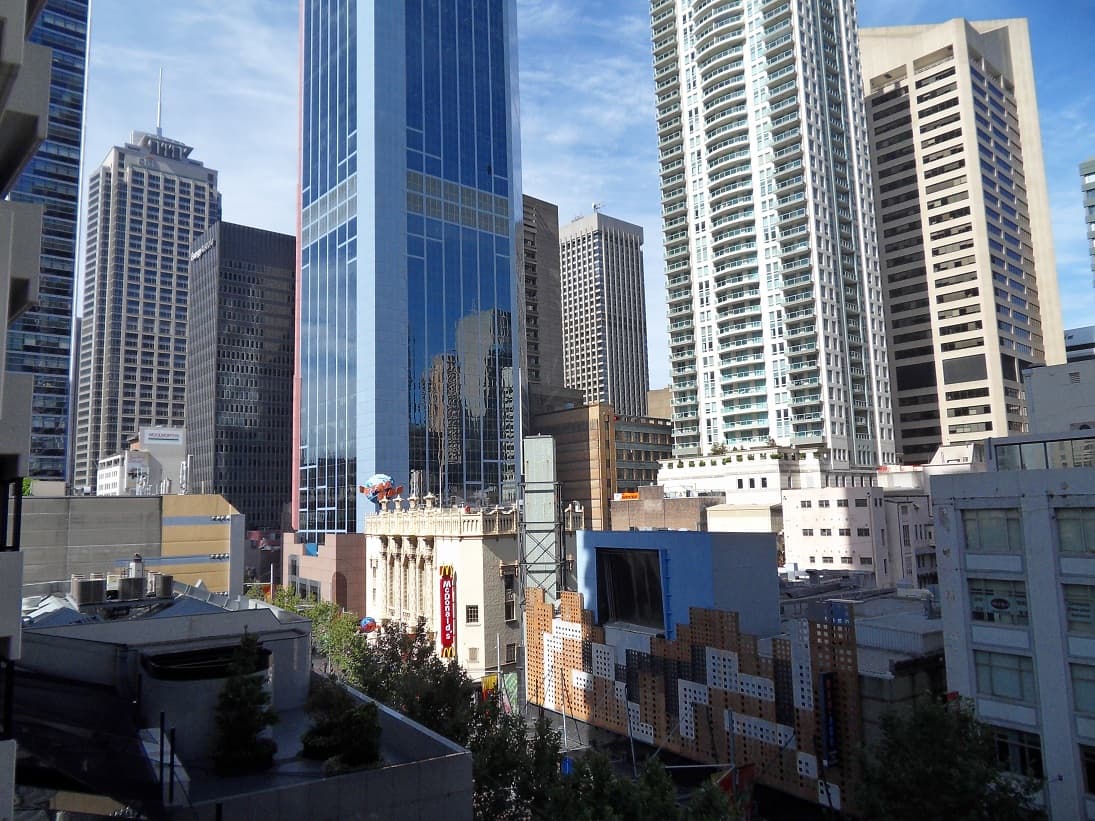 High rise office towers in a city central business district skyline