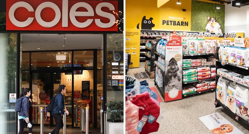 A Coles supermarket storefront next to the interior of a Petbarn pet store