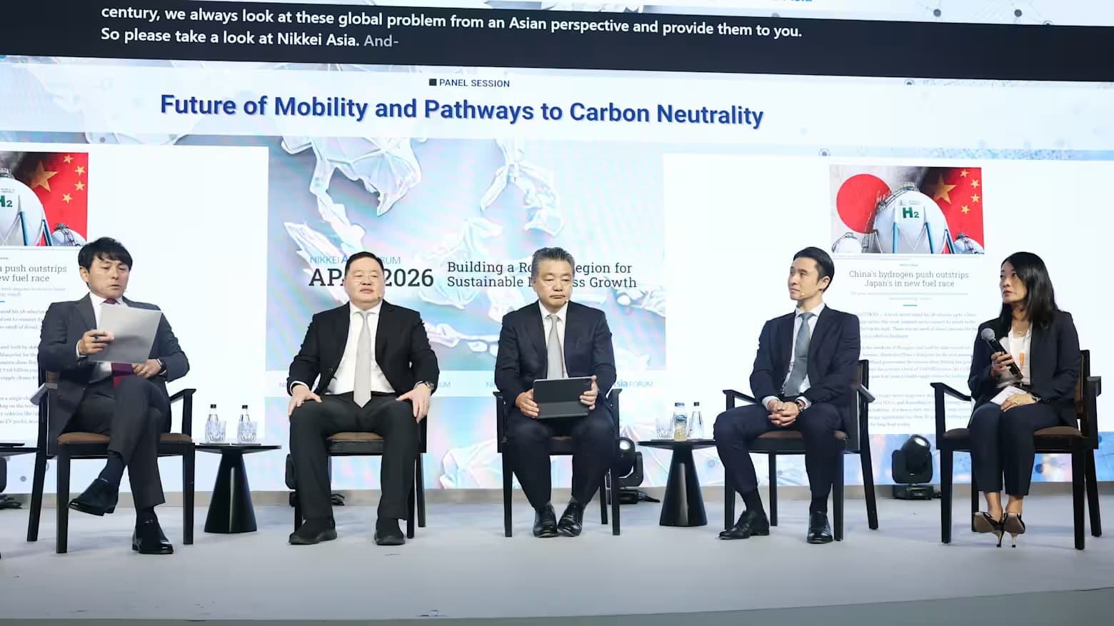 Executives seated on stage during the Future of Mobility panel at the Nikkei Asia Forum APAC 2026 in Bangkok