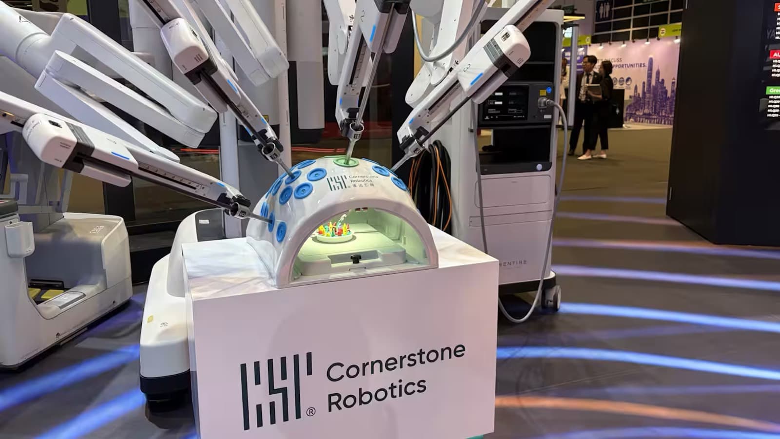 A Cornerstone Robotics surgical robot on display at the LEAP East technology summit in Hong Kong