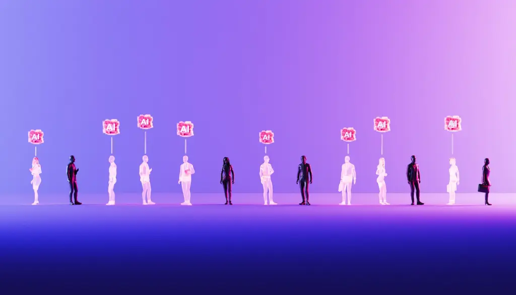 Stylized row of glowing human silhouettes each holding a sign labeled AI, against a purple gradient background