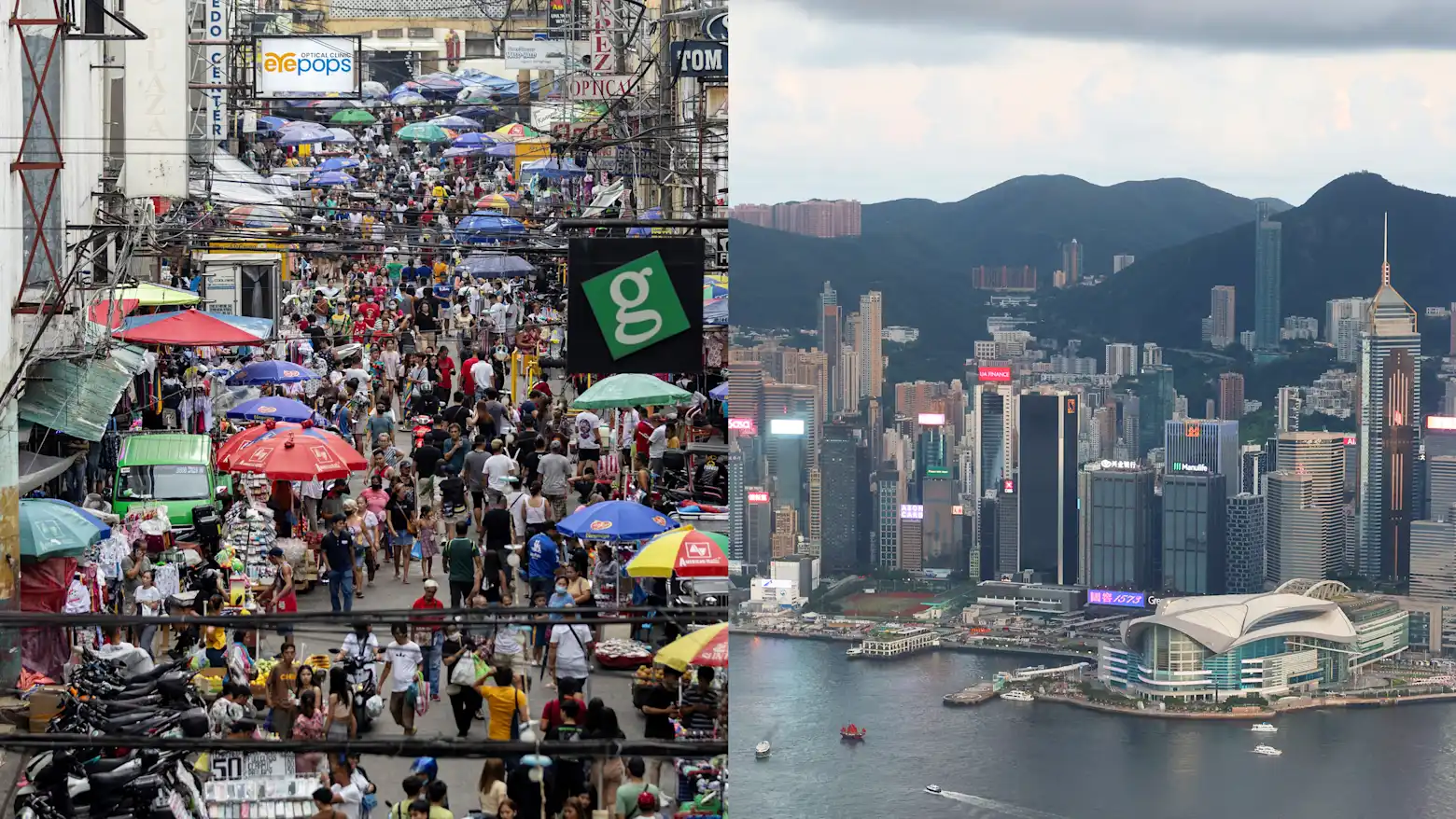 A split image of a crowded street market and the Hong Kong skyline at dusk