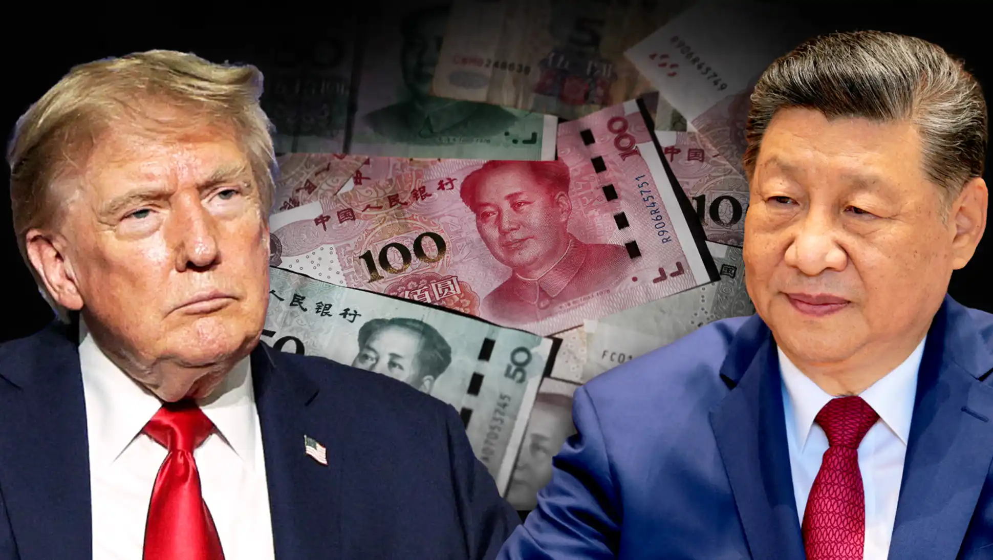 A composite image of Donald Trump and Xi Jinping with Chinese yuan banknotes in the background