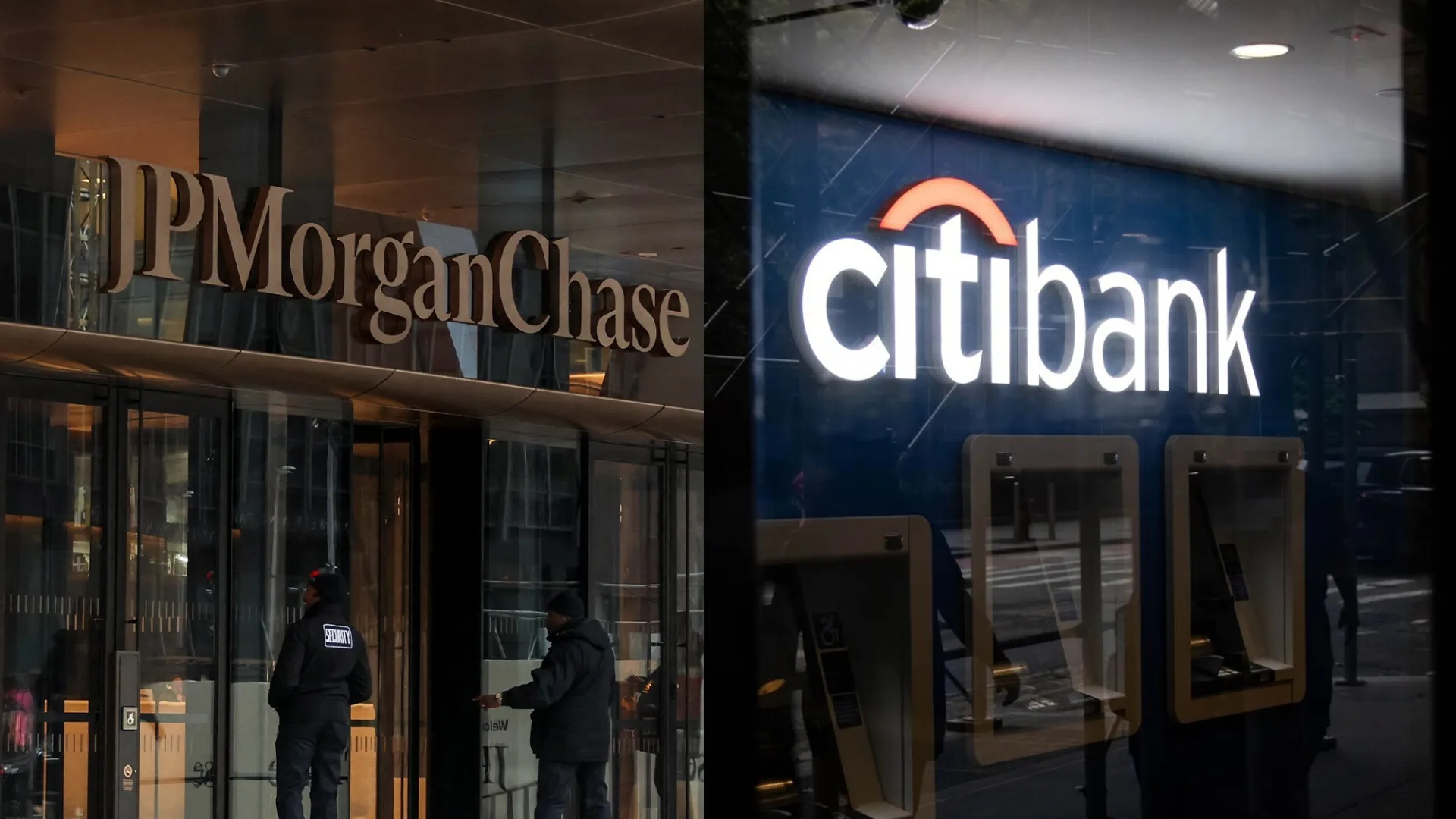 A composite image of the JPMorgan Chase and Citibank logos on their bank branch entrances