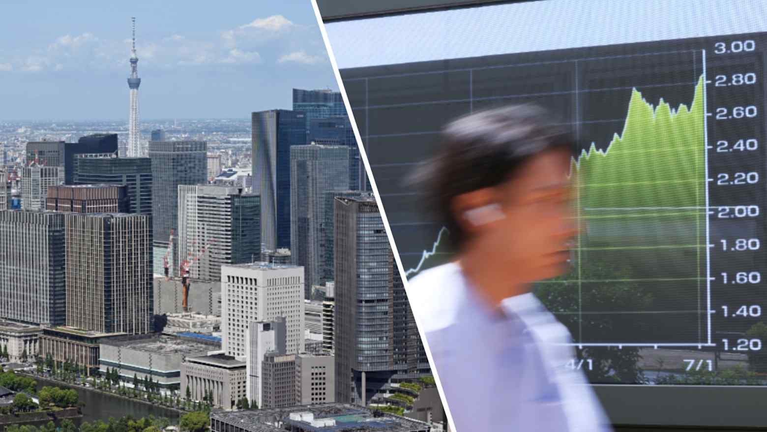 A composite of the Tokyo skyline and a person walking past a screen showing a rising yield chart