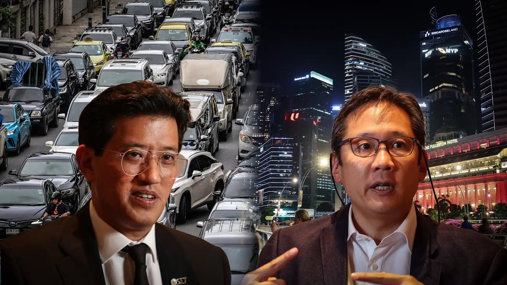 Composite portraits of the SET and SGX exchange leaders over Bangkok traffic and the Singapore skyline at night