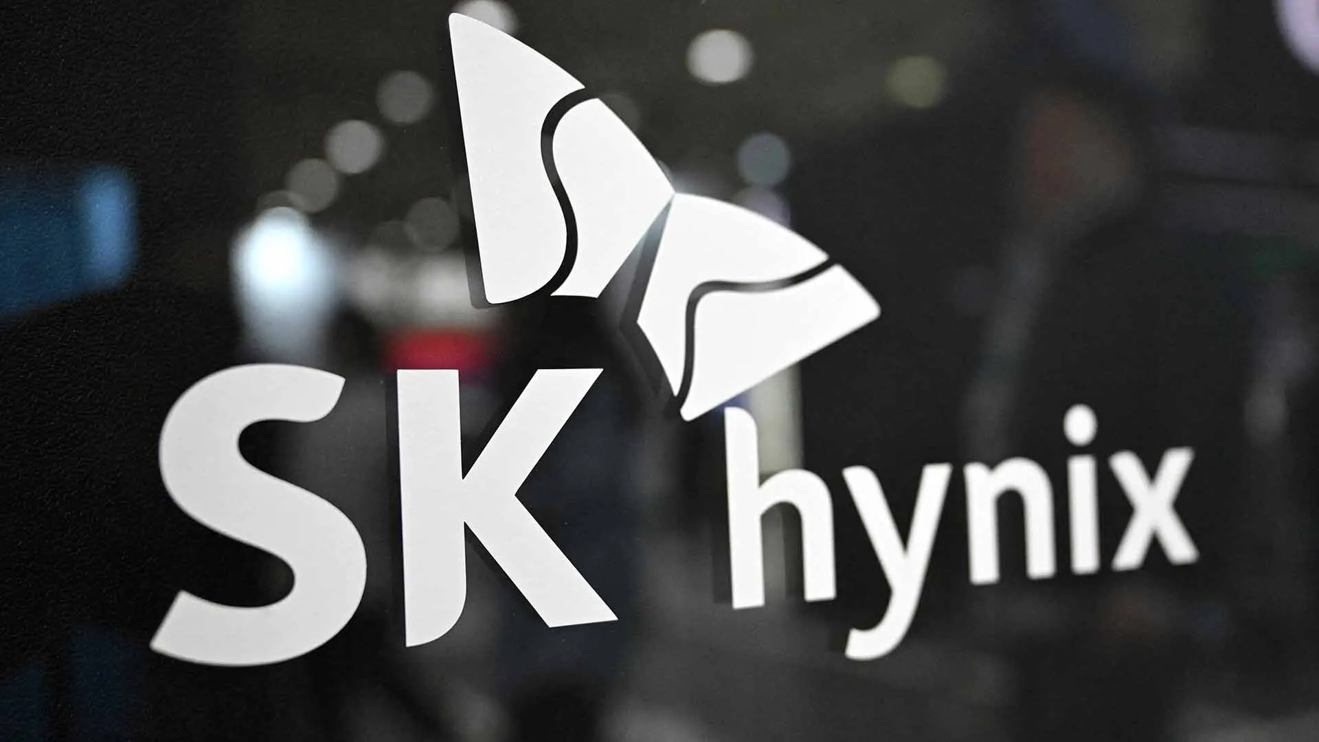 The SK hynix logo displayed on a glass panel