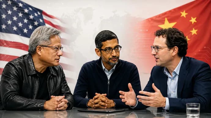 Technology executives in discussion in front of the United States and Chinese flags