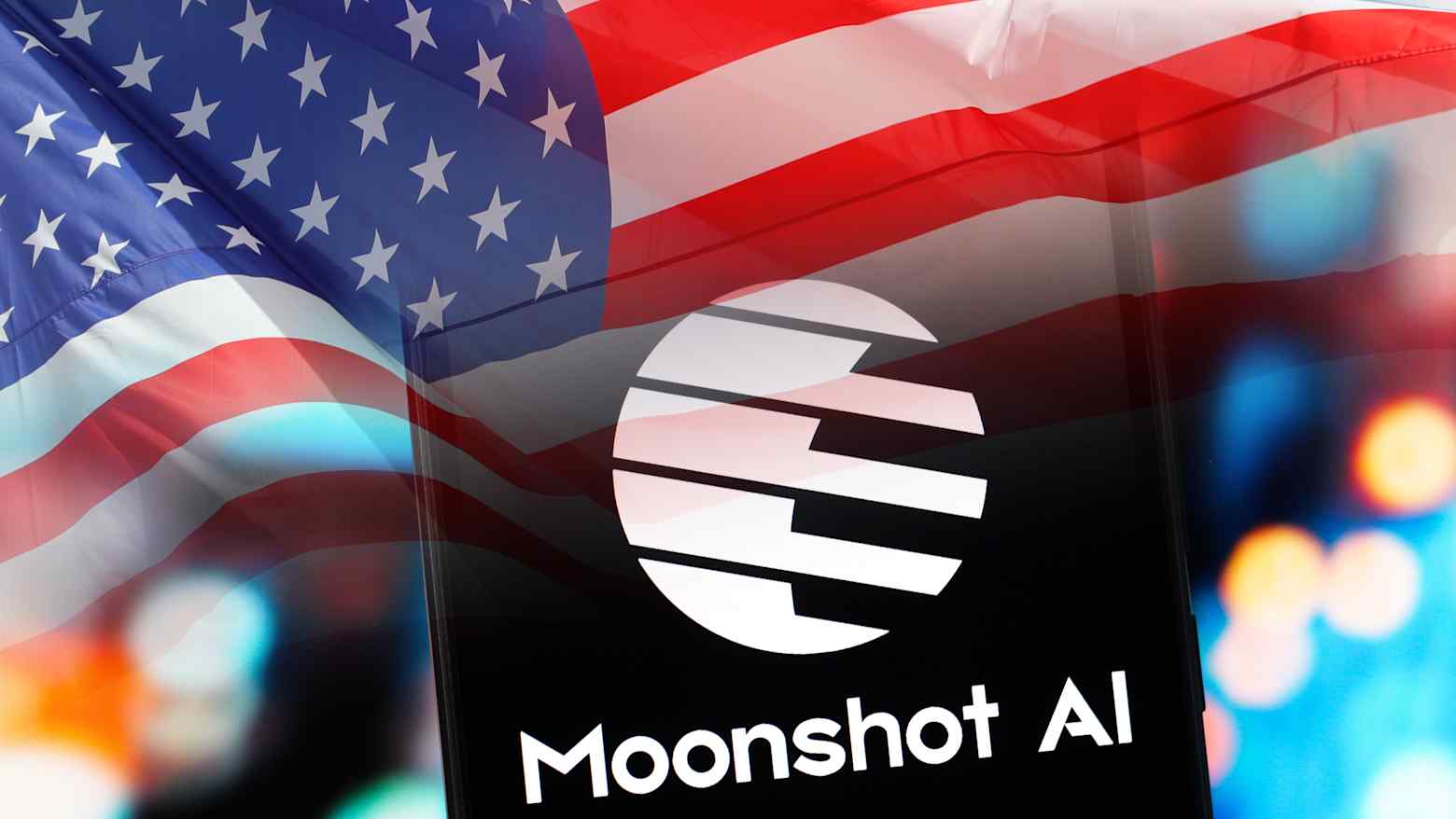 A smartphone showing the Moonshot AI logo overlaid with the United States flag
